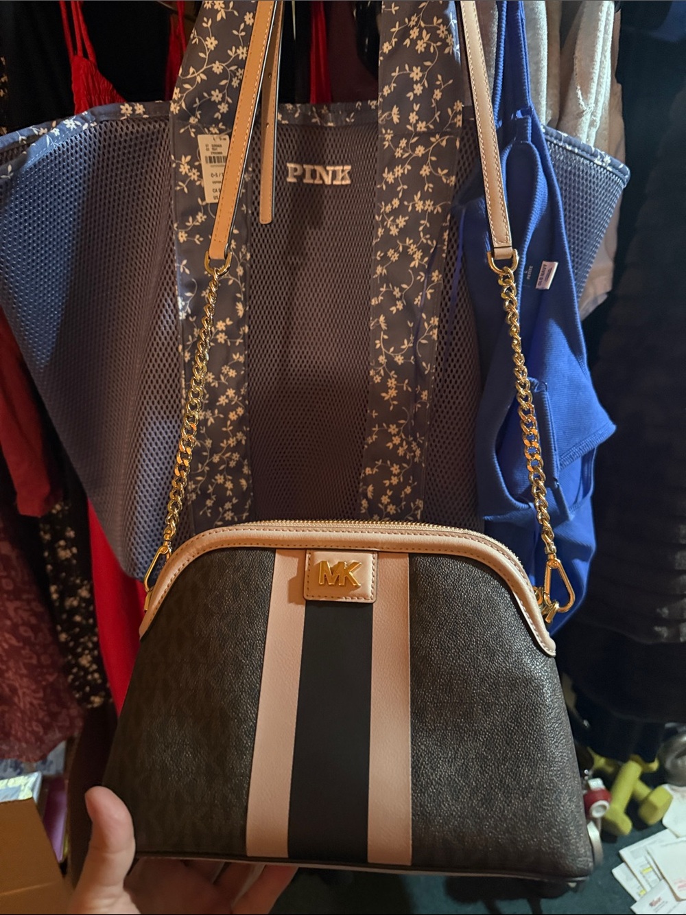 Michael Kors Brown with Pink & Black Stripe Crossbody